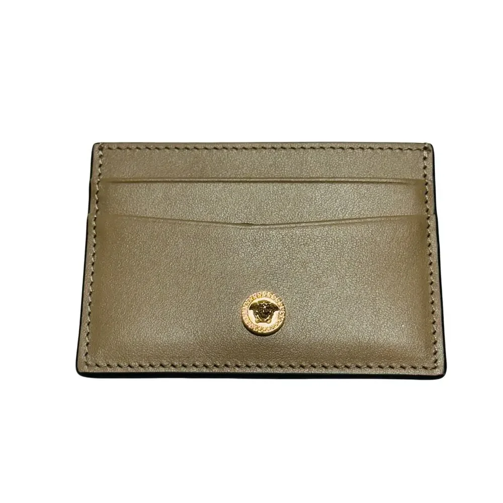 Versace Card Case Holder Wallet Men's Beige Smooth Leather Gold Tone Logo NIB